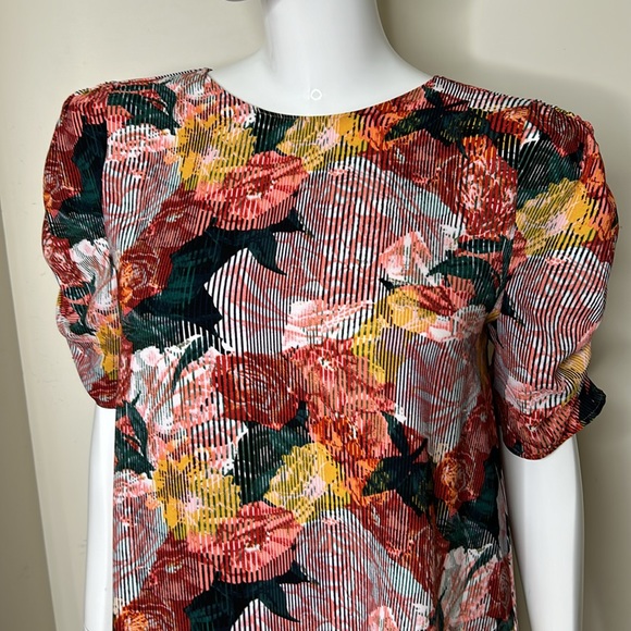 Halogen Striped Floral Abstract Shift Dress with ruched sleeves, size L - Picture 2 of 8